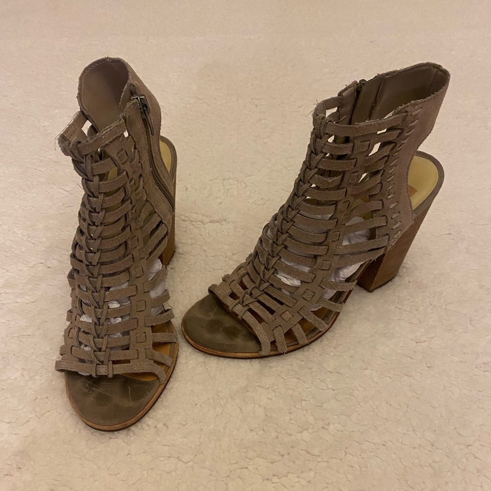 Tan suede lattice open toe chunky block heel sandals.  Size 6